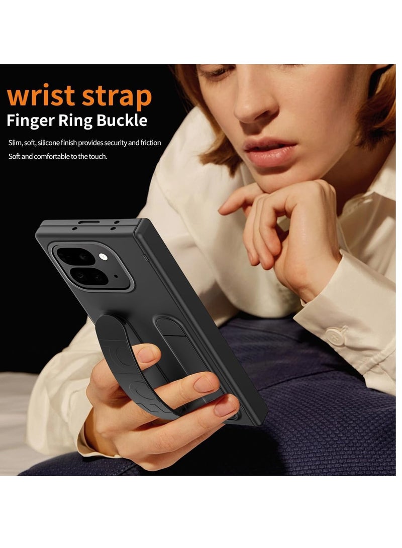 Google Pixel 9 Pro Fold Case Thin Lightweight Full Protection Brochure Style Tempered Glass Protective Film Matte Surface Hinge Case Skin-friendly Touch Wristband Bracket Function Anti-Fingerprint Lens Protection Wireless Charging Folding Mobile Phone Frame Impact-resistant Anti-slip Popular Cute Fun Window Fashionable Drop-proof Cute Wallet Type Smartphone - Black - Image 3